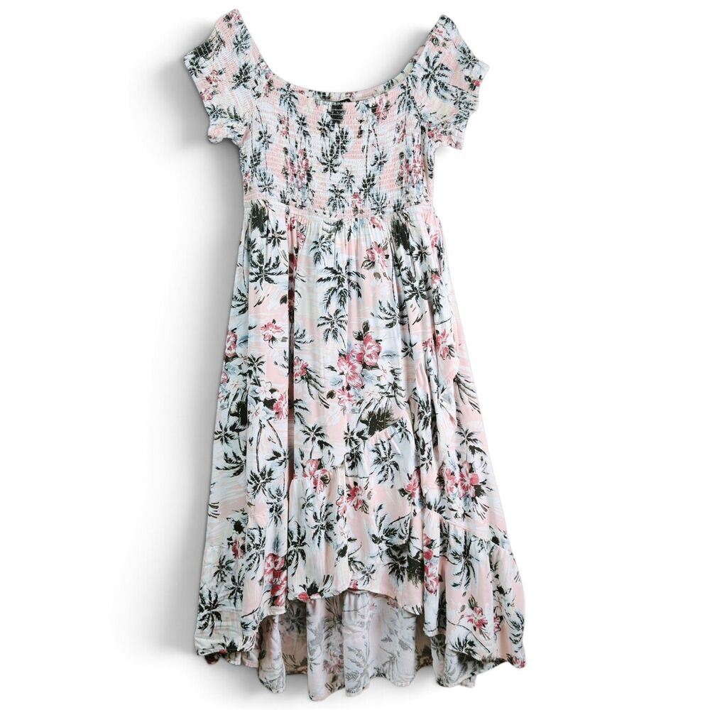torrid white pink tropical floral smocked high low maxi dress boho beach resort